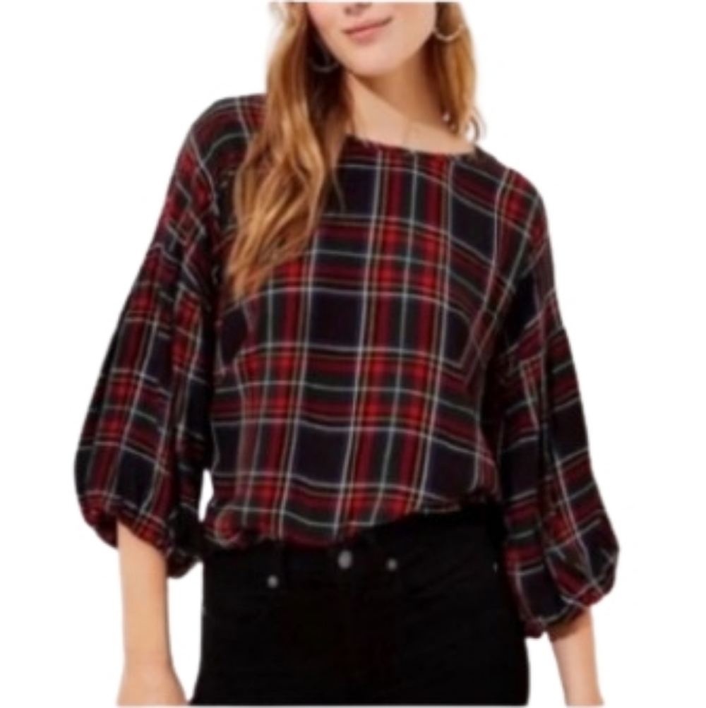 LOFT Red and Black Plaid Blouse MP Back Buttons Balloon Shirred Sleeves